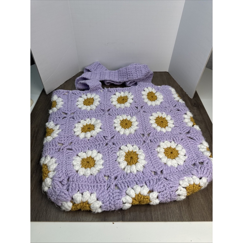 Daisy Lavender Crochet Shoulder Tote Bag Handmade Flower Granny Squares Retro